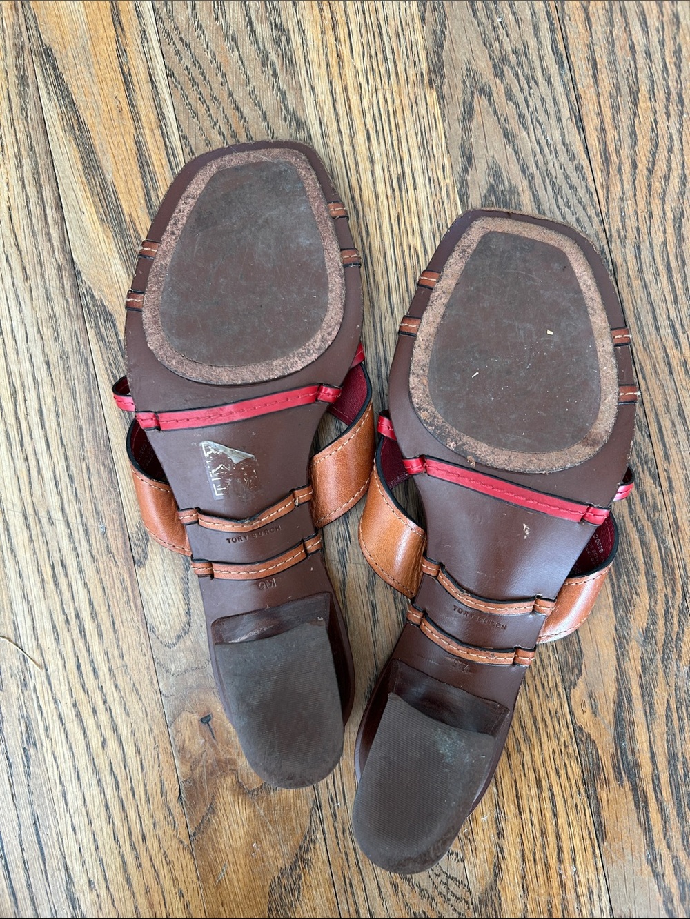 Tory Burch Brown Leather Slide Sandals with Red Trim and Gold Accents - Picture 4 of 5